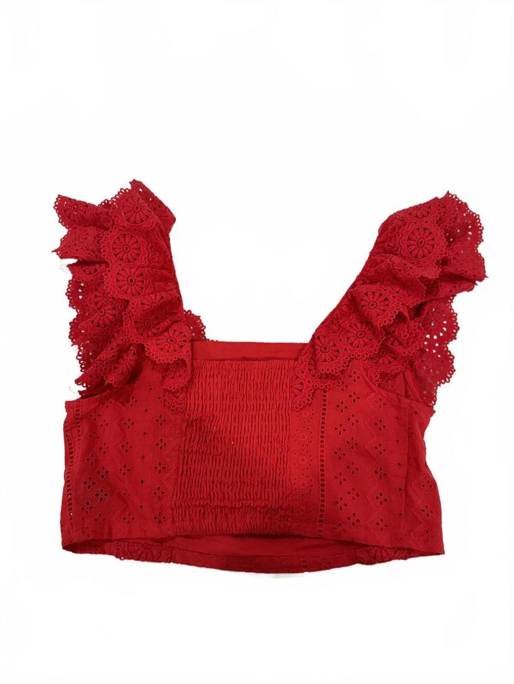 Altar'd State Red Eyelet Embroidered Coquette Cottagecore Ruffle Crop Top Medium - Picture 2 of 7